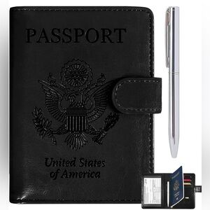 Black Faux Leather Passport & Vaccine Card Holder Travel Wallet Snap Closure #2